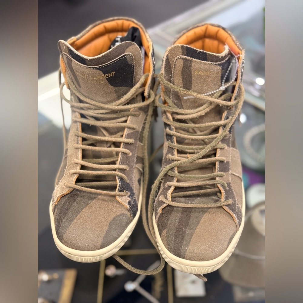 Pre Owned Saint Laurent Sz 7 Camo Suede Fringe Sneakers w/ Dustbag